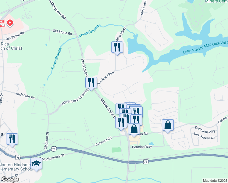 map of restaurants, bars, coffee shops, grocery stores, and more near 2520 Gold Hill Court in Villa Rica