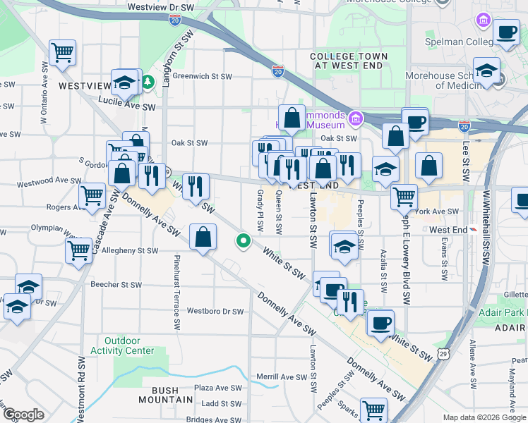 map of restaurants, bars, coffee shops, grocery stores, and more near 679 Queen Street Southwest in Atlanta