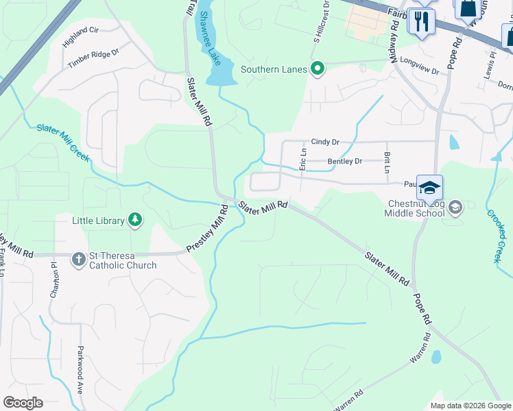 map of restaurants, bars, coffee shops, grocery stores, and more near 2505 Slater Mill Road in Douglasville
