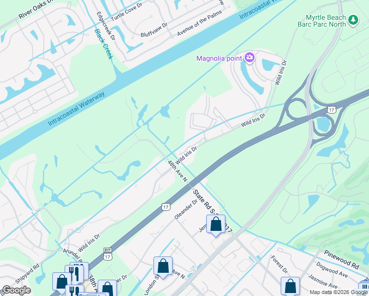 map of restaurants, bars, coffee shops, grocery stores, and more near 4815 Orchid Way in Myrtle Beach