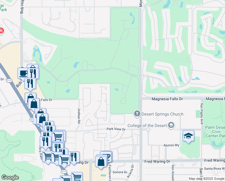 map of restaurants, bars, coffee shops, grocery stores, and more near 40 Vistara Drive in Rancho Mirage