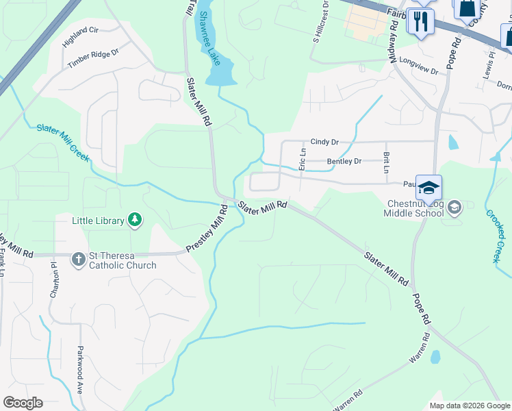 map of restaurants, bars, coffee shops, grocery stores, and more near 2519 Slater Mill Road in Douglasville