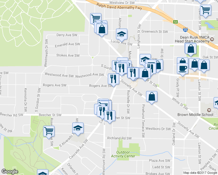 map of restaurants, bars, coffee shops, grocery stores, and more near 1500 Rogers Avenue Southwest in Atlanta