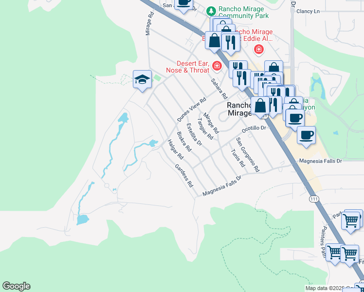 map of restaurants, bars, coffee shops, grocery stores, and more near 71395 Biskra Road in Rancho Mirage