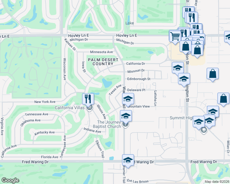 map of restaurants, bars, coffee shops, grocery stores, and more near 42970 Texas Avenue in Palm Desert