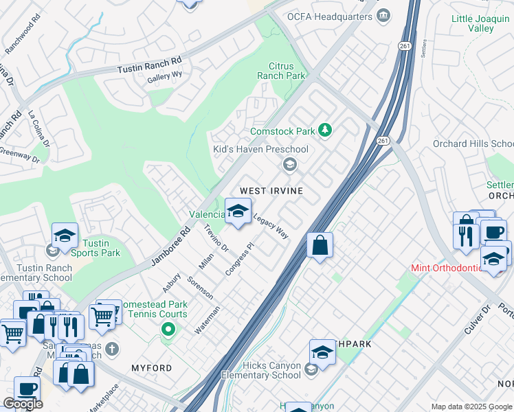 map of restaurants, bars, coffee shops, grocery stores, and more near 21 Tioga Place in Irvine