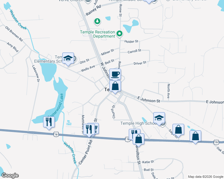 map of restaurants, bars, coffee shops, grocery stores, and more near in Temple