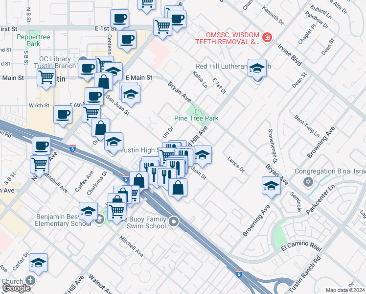 map of restaurants, bars, coffee shops, grocery stores, and more near 13691 Red Hill Avenue in Tustin