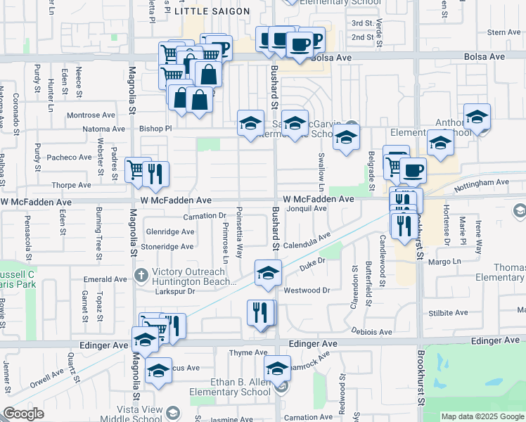 map of restaurants, bars, coffee shops, grocery stores, and more near 9461 Carnation Drive in Westminster