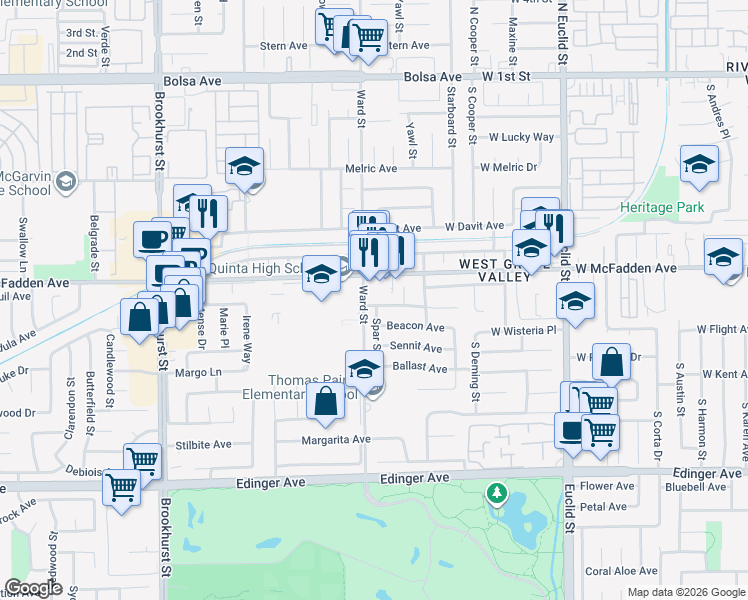 map of restaurants, bars, coffee shops, grocery stores, and more near 10562 Kedge Avenue in Garden Grove