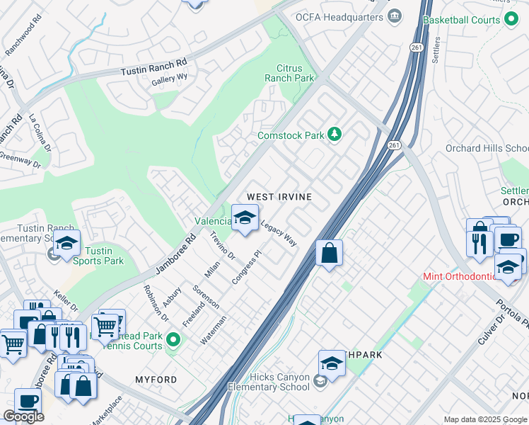 map of restaurants, bars, coffee shops, grocery stores, and more near 21 Tioga Place in Irvine