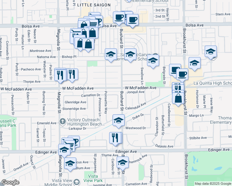 map of restaurants, bars, coffee shops, grocery stores, and more near 9461 Carnation Drive in Westminster