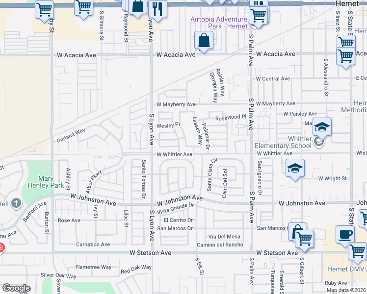 map of restaurants, bars, coffee shops, grocery stores, and more near 681 Shasta Way in Hemet