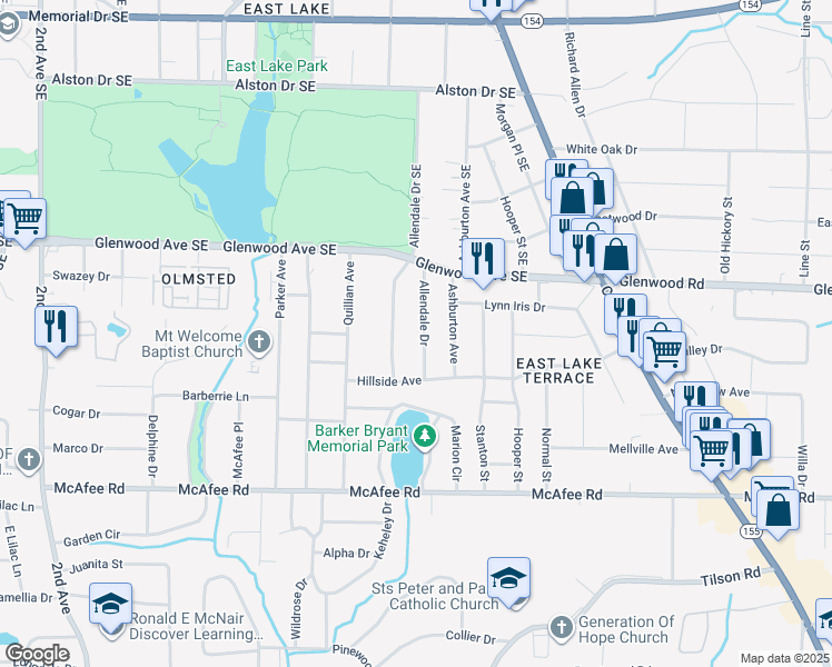 map of restaurants, bars, coffee shops, grocery stores, and more near 535 Allendale Drive in Decatur