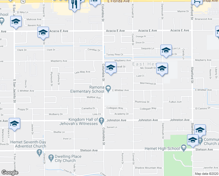 map of restaurants, bars, coffee shops, grocery stores, and more near 41052 Whittier Avenue in Hemet