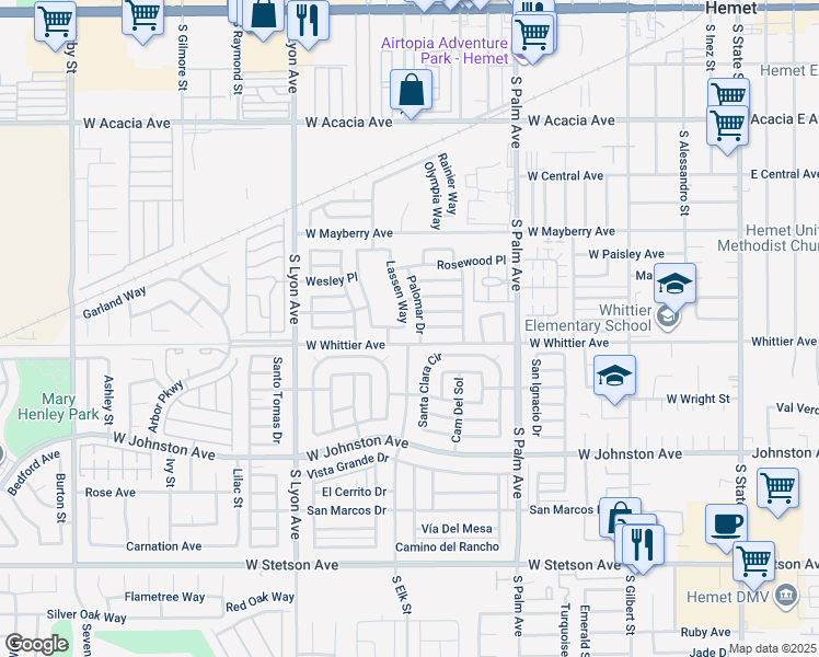 map of restaurants, bars, coffee shops, grocery stores, and more near 690 Lassen Way in Hemet