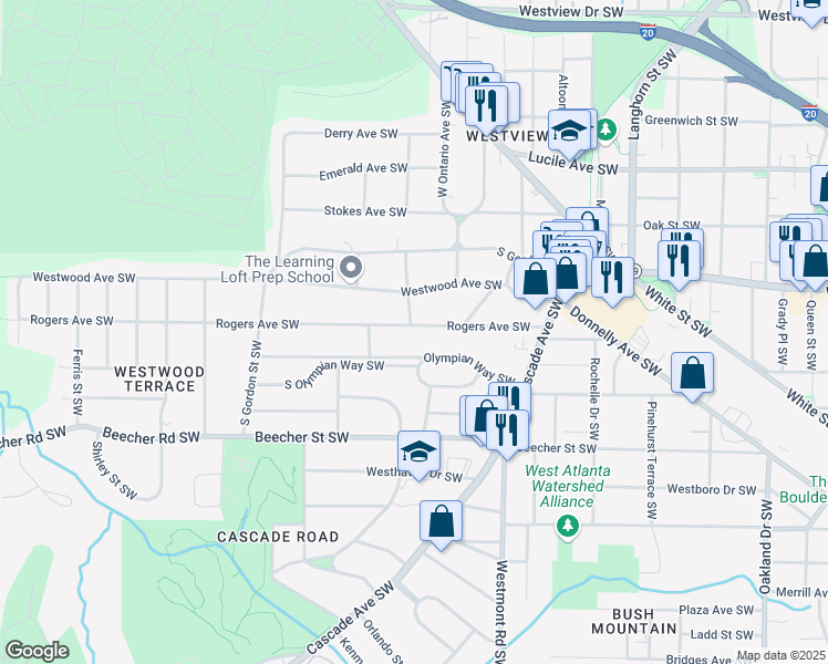 map of restaurants, bars, coffee shops, grocery stores, and more near 1626 Rogers Avenue Southwest in Atlanta