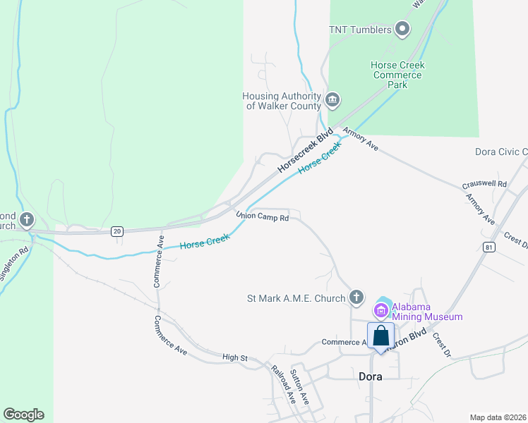 map of restaurants, bars, coffee shops, grocery stores, and more near 622 Union Camp Road in Dora