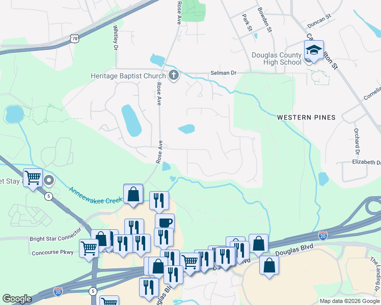 map of restaurants, bars, coffee shops, grocery stores, and more near 9006 Green Valley Court in Douglasville