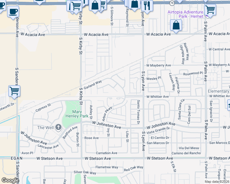 map of restaurants, bars, coffee shops, grocery stores, and more near 2085 Begonia Court in Hemet