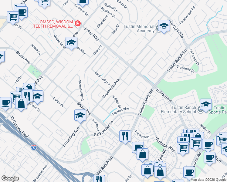 map of restaurants, bars, coffee shops, grocery stores, and more near 2051 Vallejo Drive in Tustin