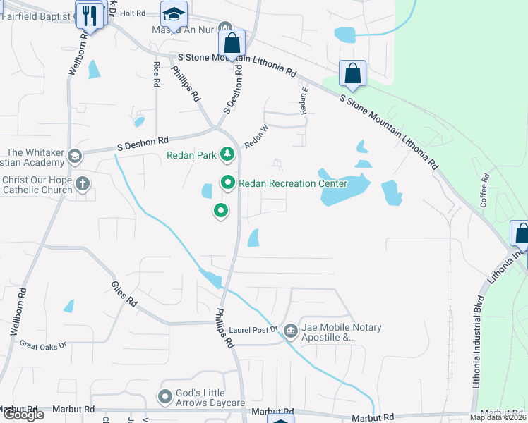 map of restaurants, bars, coffee shops, grocery stores, and more near 1850 Phillips Road in Lithonia