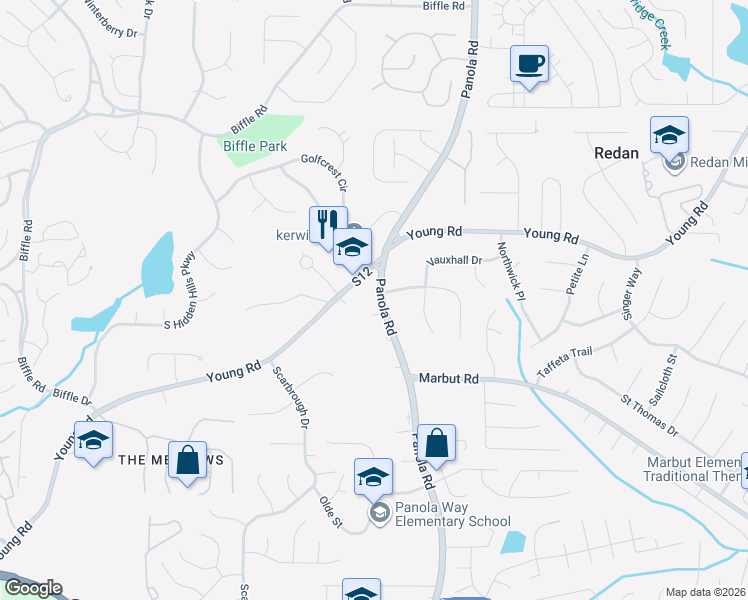 map of restaurants, bars, coffee shops, grocery stores, and more near 1863 Panola Road in Lithonia