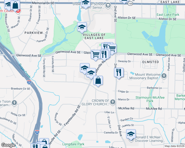 map of restaurants, bars, coffee shops, grocery stores, and more near 730 Fayetteville Road Southeast in Atlanta