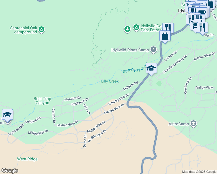 map of restaurants, bars, coffee shops, grocery stores, and more near 53570 Idyllbrook Drive in Idyllwild-Pine Cove