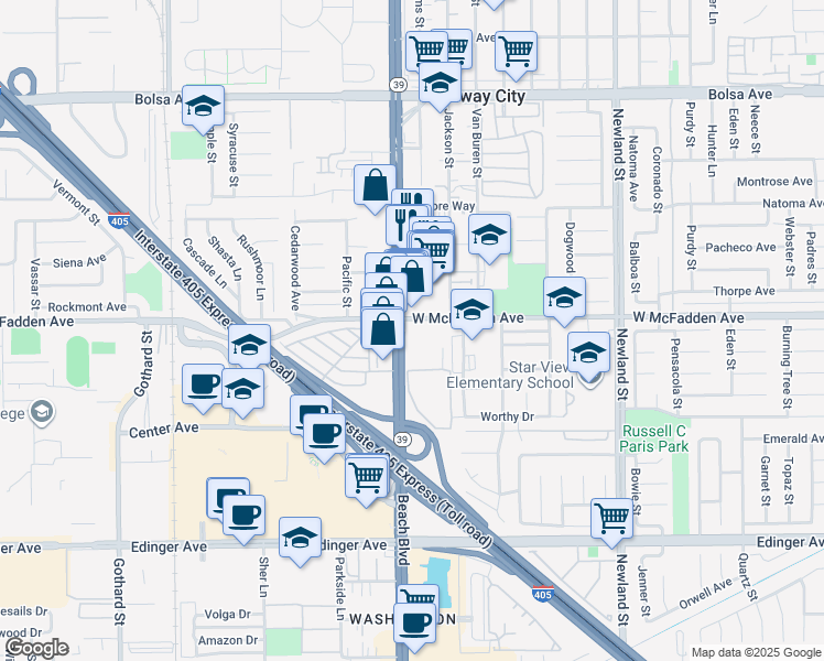 map of restaurants, bars, coffee shops, grocery stores, and more near 15550 Beach Blvd in Westminster