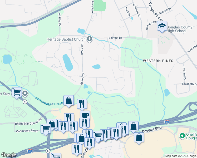 map of restaurants, bars, coffee shops, grocery stores, and more near 9025 Green Valley Court in Douglasville
