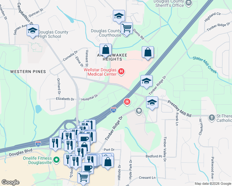 map of restaurants, bars, coffee shops, grocery stores, and more near 8965 Stonebridge Boulevard in Douglasville