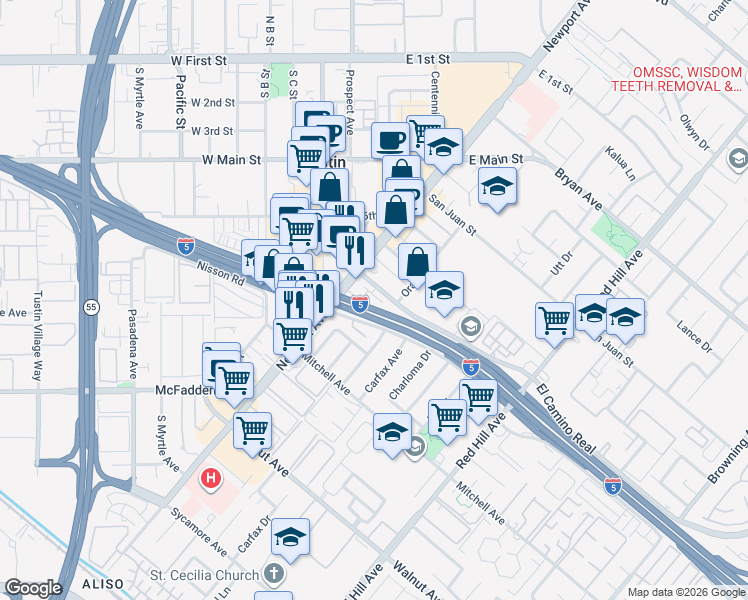 map of restaurants, bars, coffee shops, grocery stores, and more near 153 Balsawood in Tustin