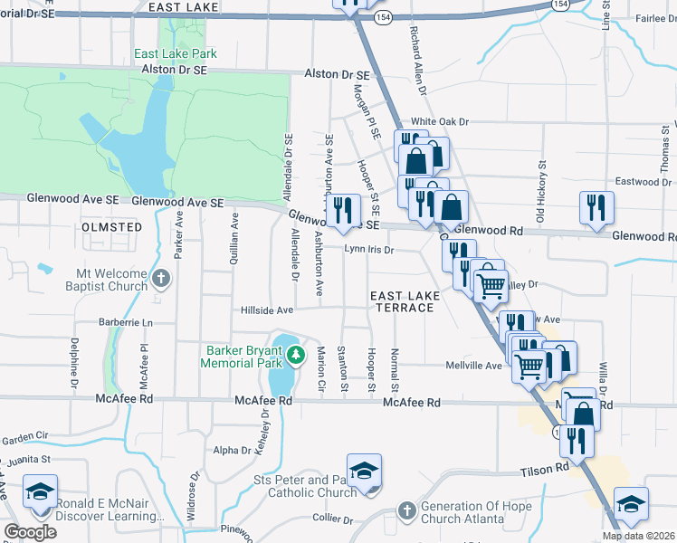 map of restaurants, bars, coffee shops, grocery stores, and more near 1884 Stanton Street in Decatur