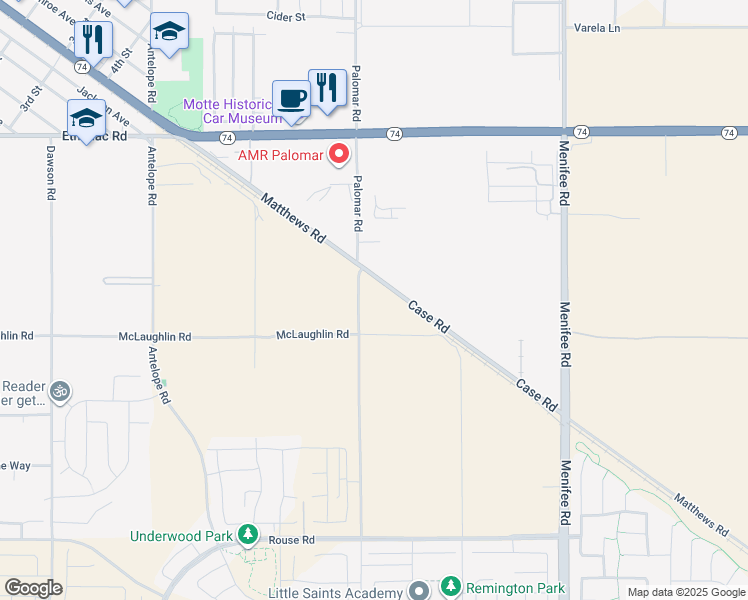 map of restaurants, bars, coffee shops, grocery stores, and more near 26420 Palomar Road in Menifee