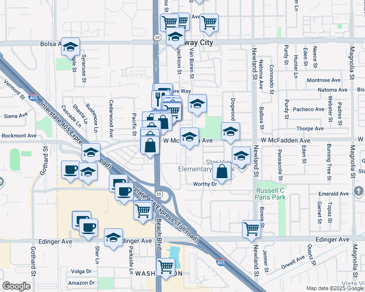 map of restaurants, bars, coffee shops, grocery stores, and more near 15581 Van Buren Street in Westminster