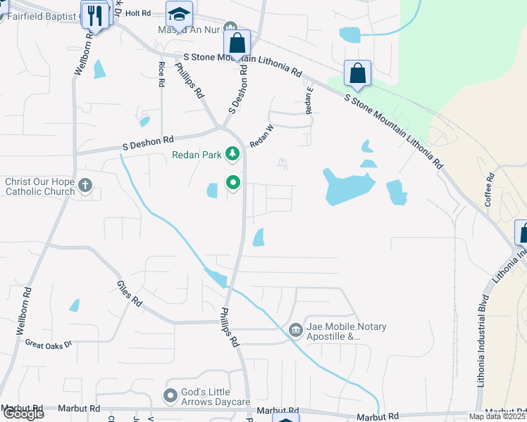 map of restaurants, bars, coffee shops, grocery stores, and more near 1966 Dillon Drive in Lithonia