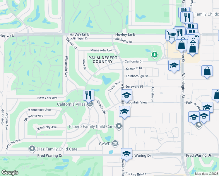 map of restaurants, bars, coffee shops, grocery stores, and more near 43030 Texas Avenue in Palm Desert