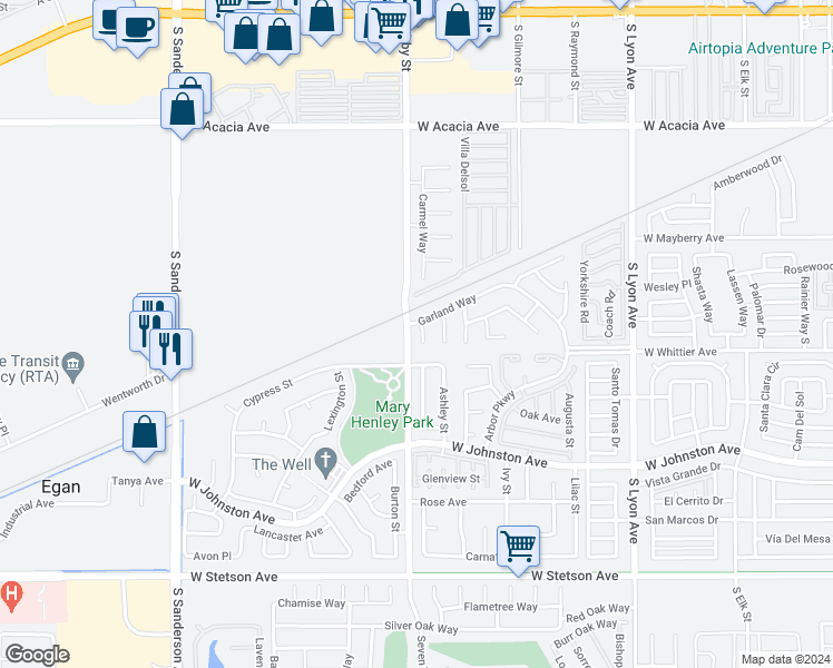map of restaurants, bars, coffee shops, grocery stores, and more near 2466 Cypress Street in Hemet