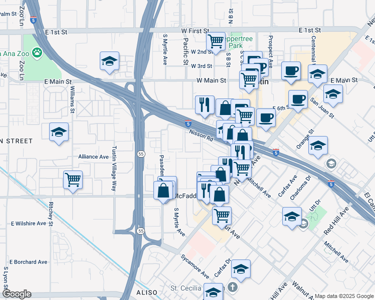 map of restaurants, bars, coffee shops, grocery stores, and more near 15622 Pacific Street in Tustin
