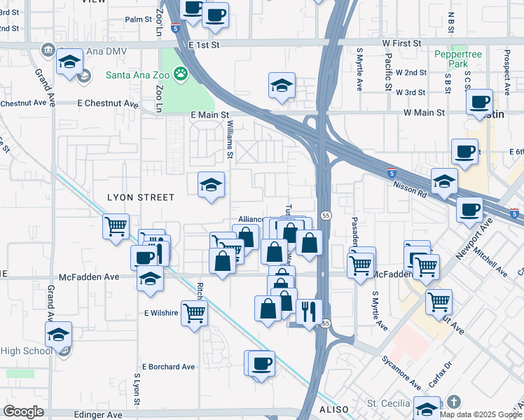 map of restaurants, bars, coffee shops, grocery stores, and more near 16642 Alliance Avenue in Tustin