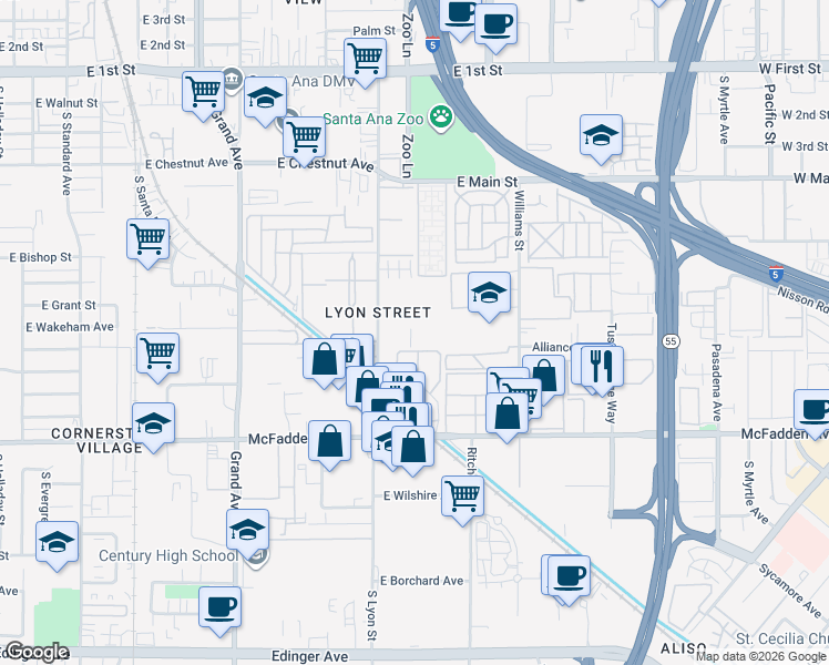 map of restaurants, bars, coffee shops, grocery stores, and more near 1001 South Mantle Lane in Santa Ana