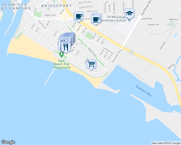 map of restaurants, bars, coffee shops, grocery stores, and more near 1513 East Seal Way in Seal Beach