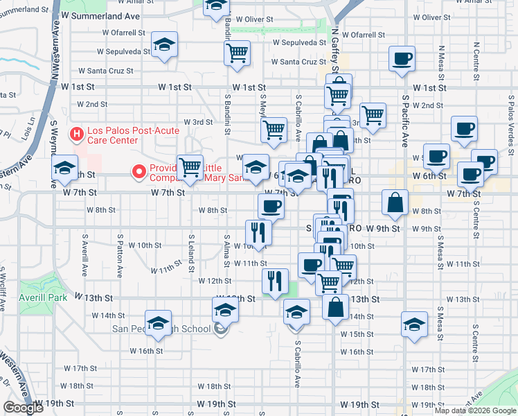 map of restaurants, bars, coffee shops, grocery stores, and more near 927 West 8th Street in Los Angeles
