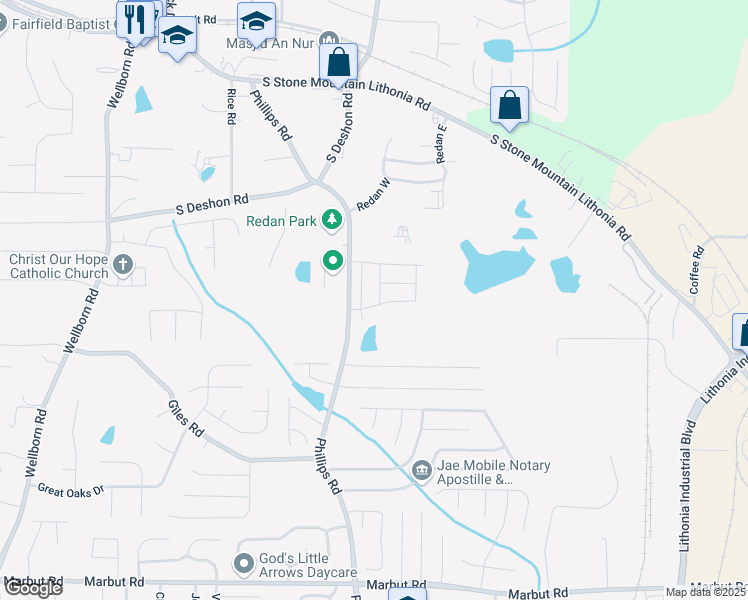 map of restaurants, bars, coffee shops, grocery stores, and more near 1966 Dillon Drive in Lithonia
