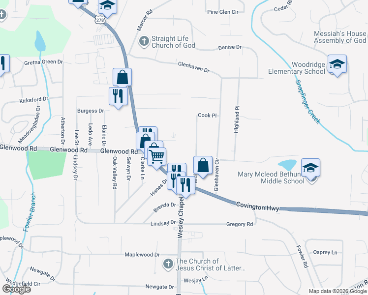 map of restaurants, bars, coffee shops, grocery stores, and more near 1853 McLain Lane in Decatur