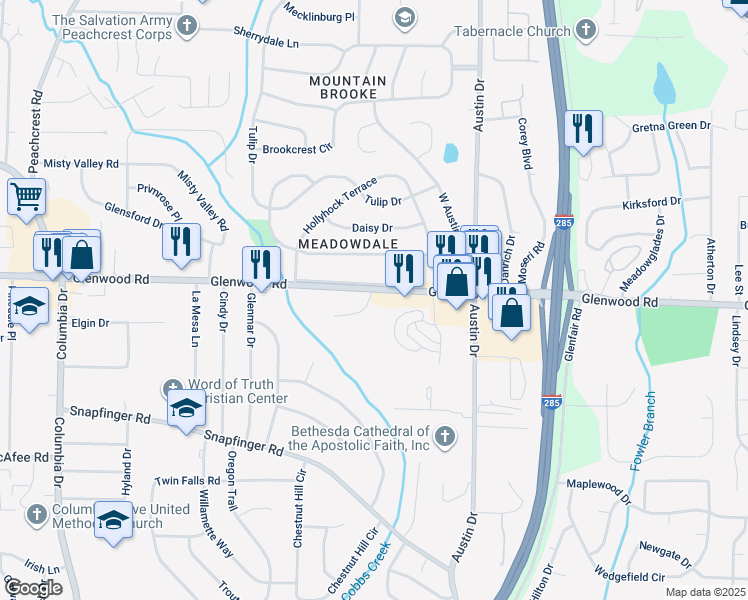 map of restaurants, bars, coffee shops, grocery stores, and more near 4371 Glenwood Road in Decatur