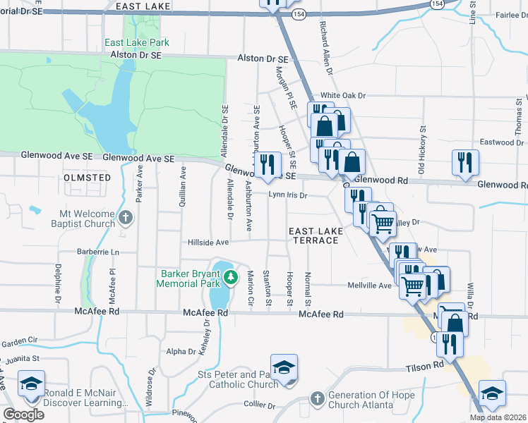 map of restaurants, bars, coffee shops, grocery stores, and more near 1884 Stanton Street in Decatur