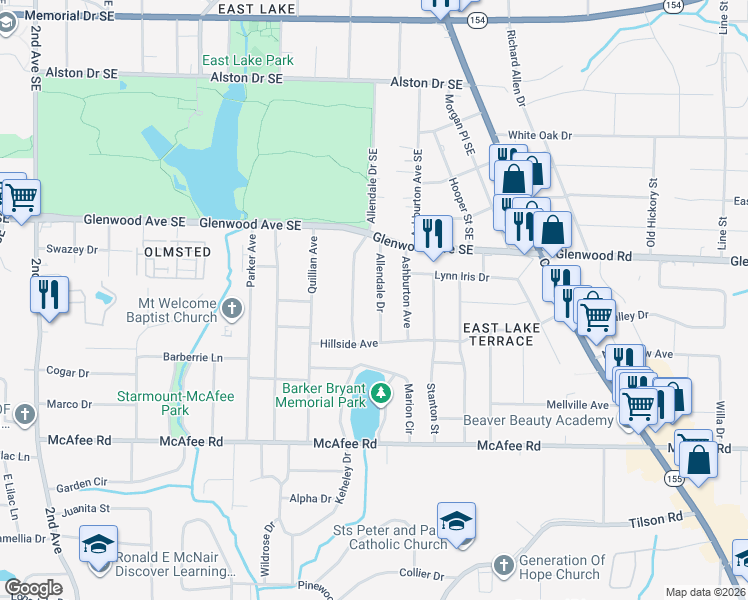 map of restaurants, bars, coffee shops, grocery stores, and more near 535 Allendale Drive in Decatur