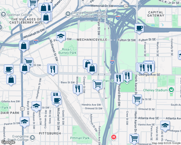 map of restaurants, bars, coffee shops, grocery stores, and more near 249 Ralph David Abernathy Boulevard in Atlanta
